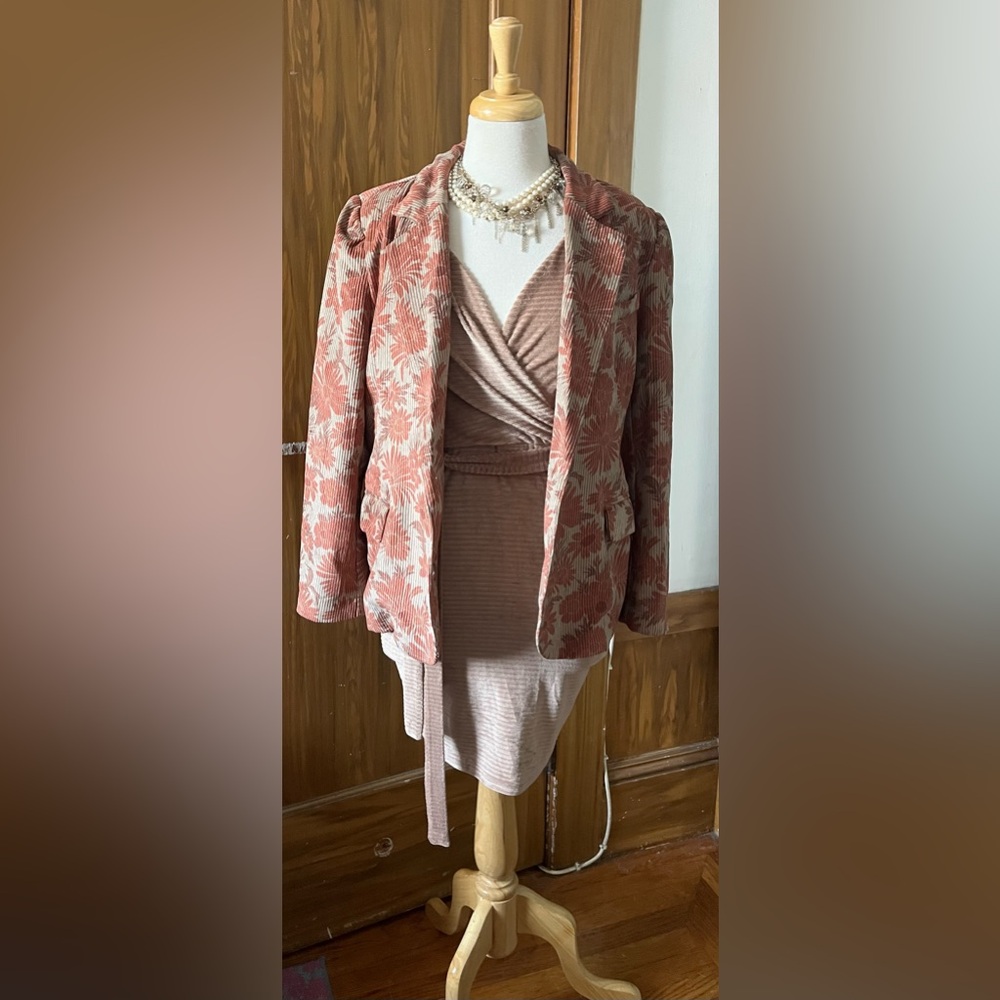 *BUNDLE” Floral Corduroy Jacket and Tan Ribbed mini dress